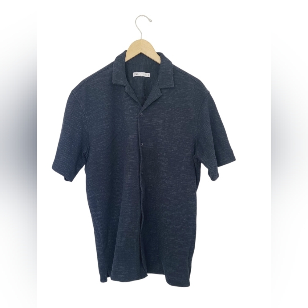 Zara Dark Blue Casual Ribbed Button Down Shirt Size L